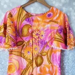 Vintage Hawaiian Dress by Mia Design Honolulu Size 8 Barkcloth Bright Multi Pink